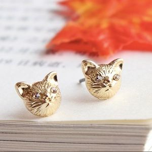 Gold Cat Stud Earrings gold plated silver Crystal